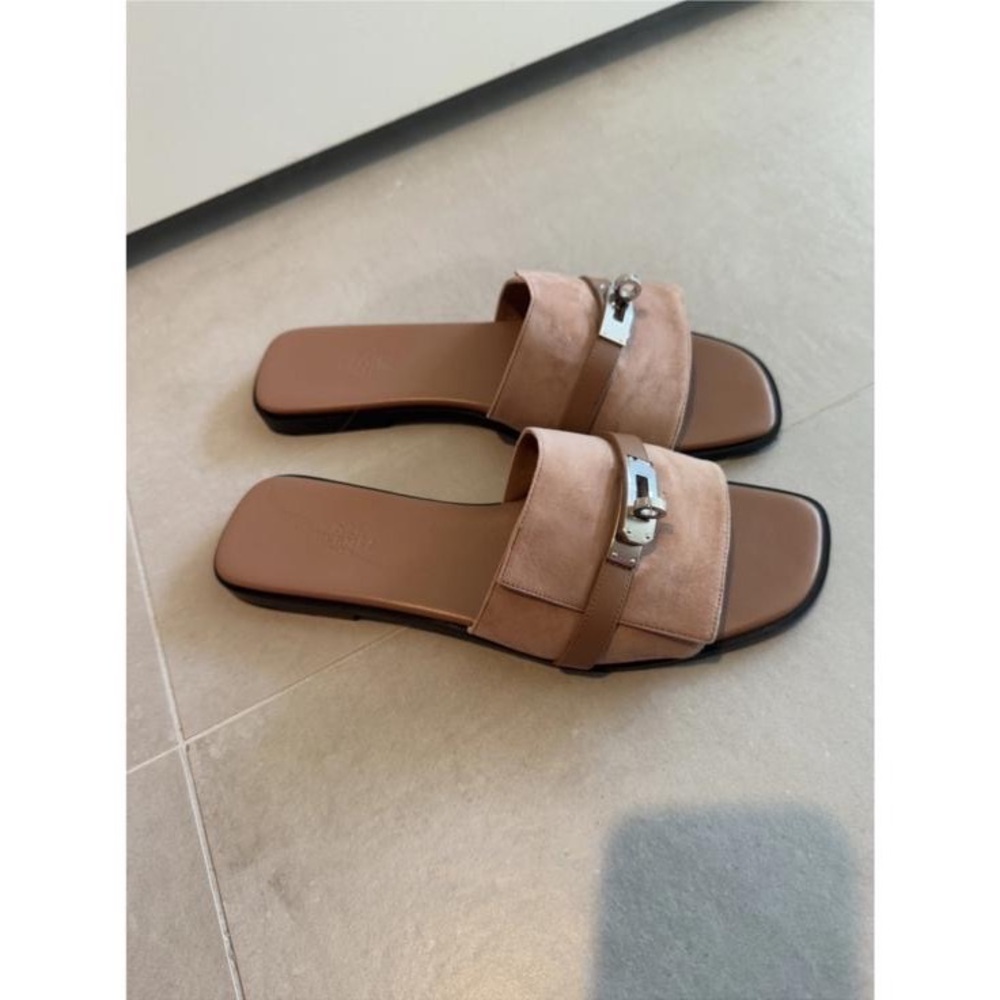 Hermes Tan Slide Sandals